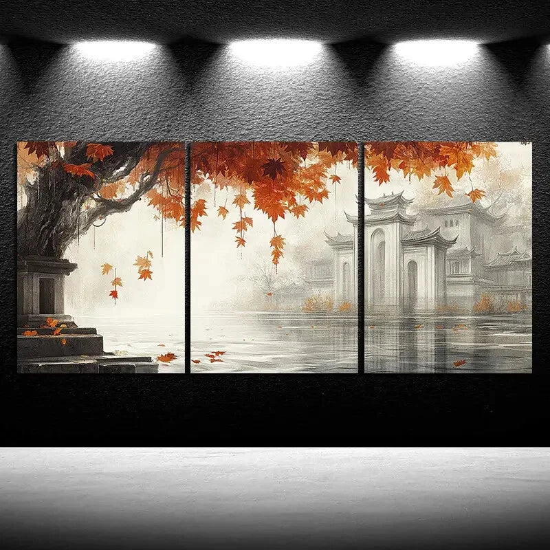 3pcs The House Next To The Red Maple Leaves Metal Print Ready to Hang Art