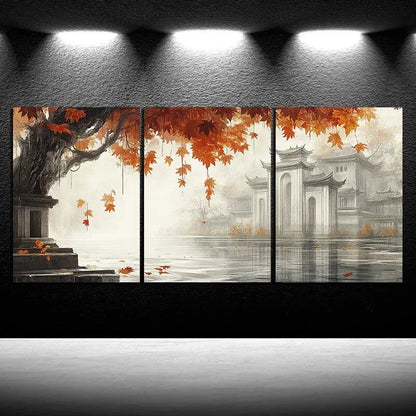 3pcs The House Next To The Red Maple Leaves Metal Print Ready to Hang Art