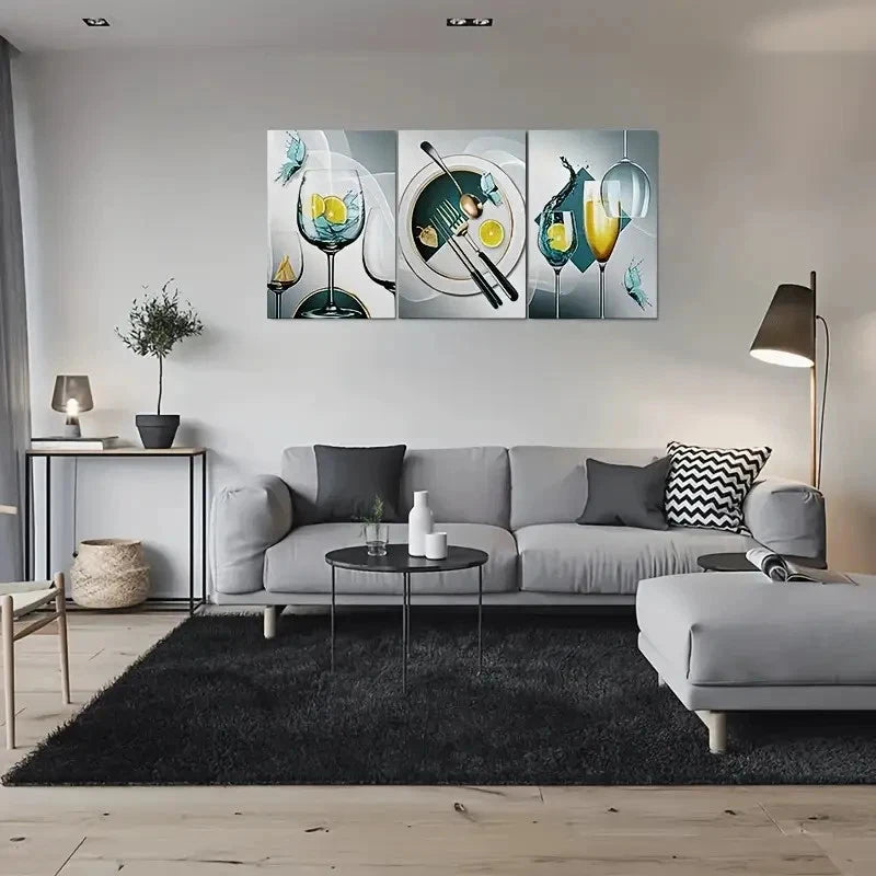 3pcs Wine Glasses Lemon Slices and Butterflies Metal Print Ready to Hang Art