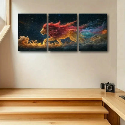 3pcs Vibrant Lion with Colorful Mane & Wings Metal Print Ready to Hang Art