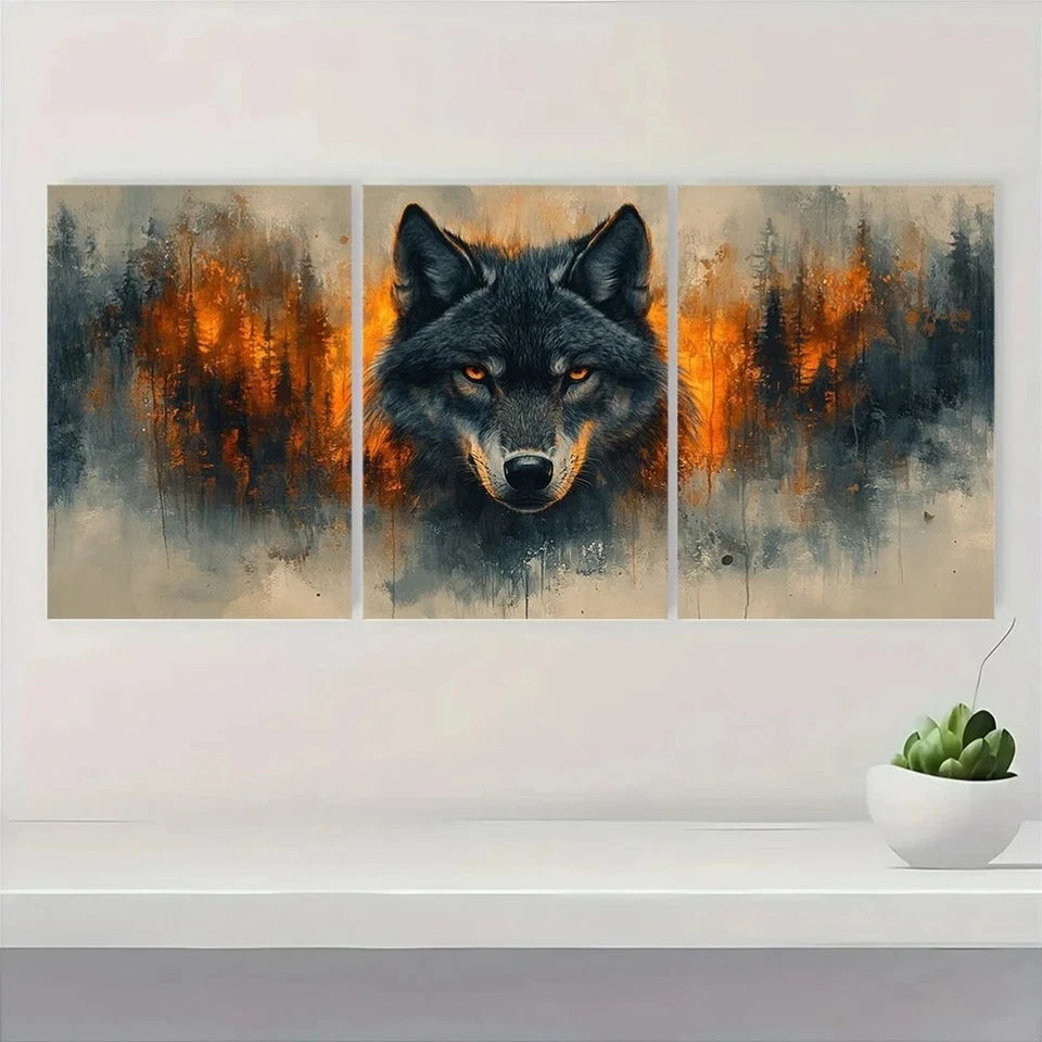3pcs Dark Fantasy Gothic Wolf Golden Eyes Black Metal Print Ready to Hang Art