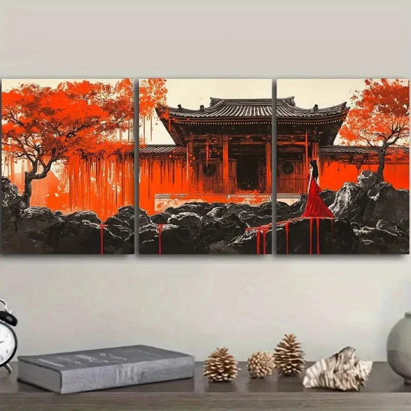 3pcs Red Tree & Woman in Red Dress Metal Print Ready to Hang Art