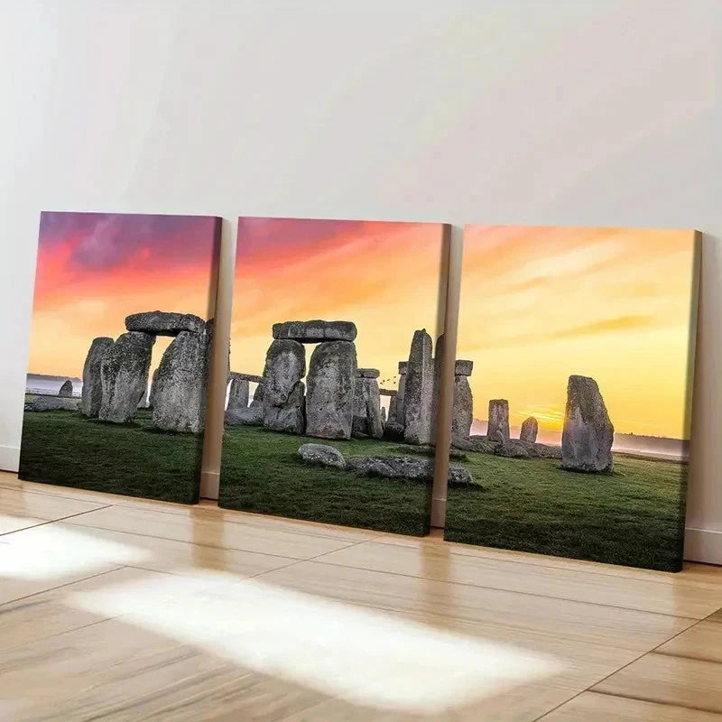 3pcs Stonehenge Sunset Natural Landscape Wall Art Set Canvas Framed 40x60cm - High Quality Print 100% Australian Made Wall Canvas Ready to Hang