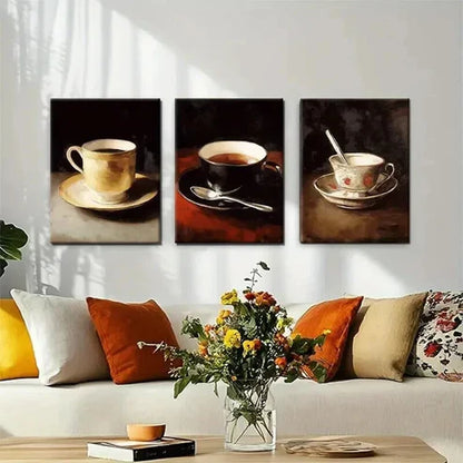 3pcs Elegant Sepia-Toned Coffee Cups Perfect Wall Art Set Canvas Unframed - High Quality Print 100% Australian Made Wall Canvas