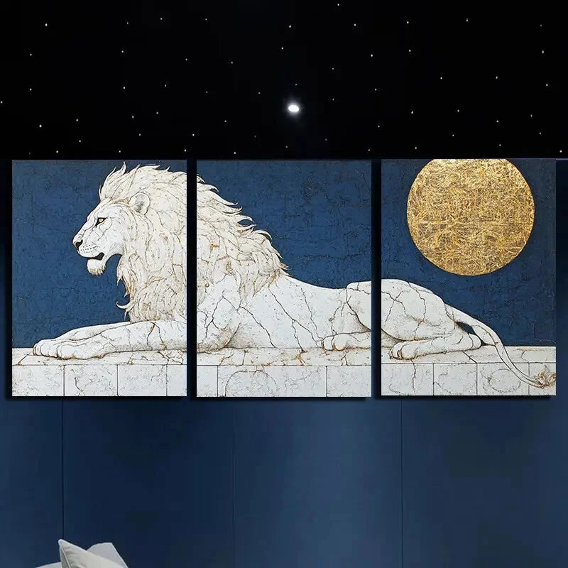 3pcs Featuring Majestic Lion and Golden Moon Metal Print Ready to Hang Art