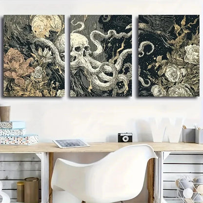 3pcs Octopus Grasping Smoke by Death Line Drawing Metal Print Ready to Hang Art