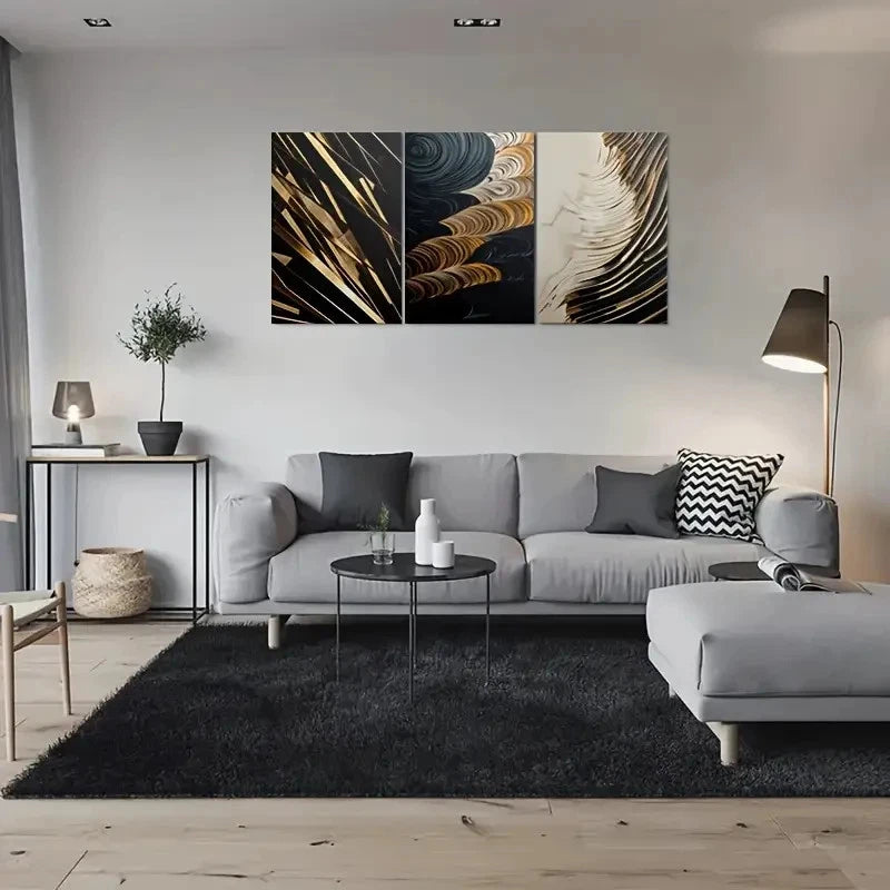 3pcs Minimalist Black Golden & White Metal Print Ready to Hang Art