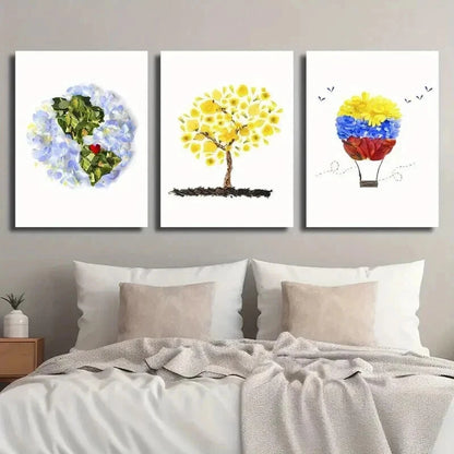 3pcs Floral Hot Air Balloon Colorful Leaf Flower Wall Art Set Canvas Framed 60x90cm - High Quality Print 100% Australian Made Wall Canvas Ready to Hang