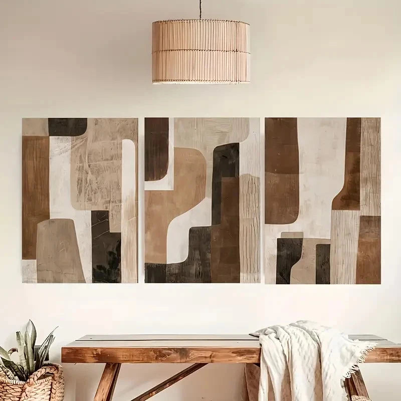 3pcs Abstract Brown and Beige Neutral Paintings Metal Print Ready to Hang Art