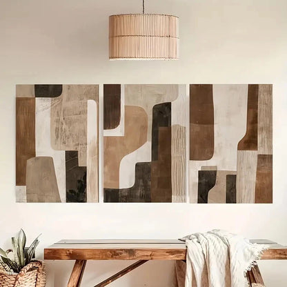 3pcs Abstract Brown and Beige Neutral Paintings Metal Print Ready to Hang Art