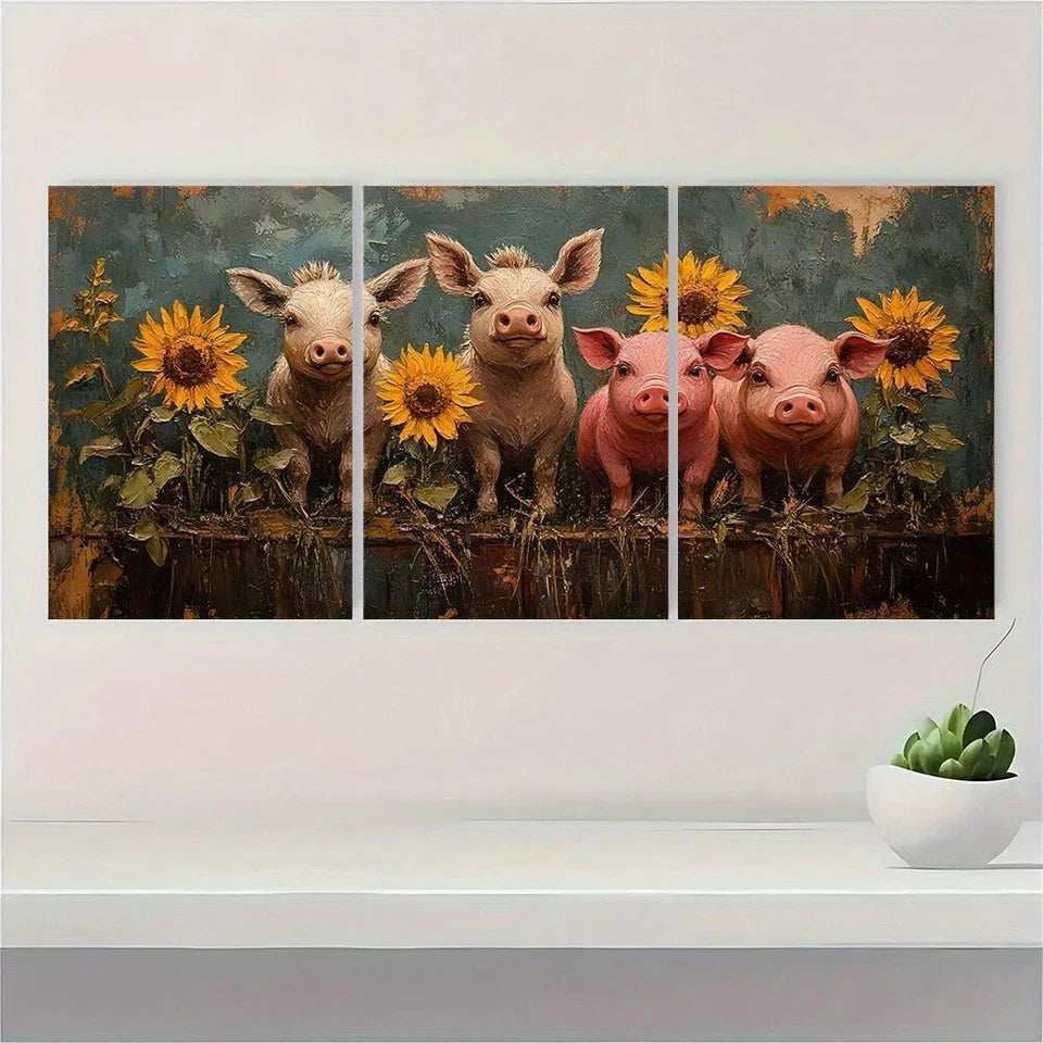 3pcs Rustic Farm Animals Donkey Cow Pig Metal Print Ready to Hang Art
