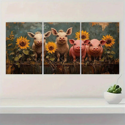 3pcs Rustic Farm Animals Donkey Cow Pig Metal Print Ready to Hang Art