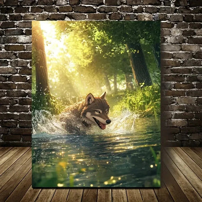 Cartoon Style Wolf Splashing In Water Painting 40x60cm Metal Print Ready to Hang