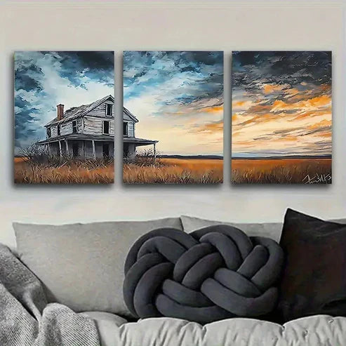 3pcs Rustic Old House at Dusk Wall Art Set Canvas Unframed - High Quality Print 100% Australian Made Wall Canvas - Bella Home Decor