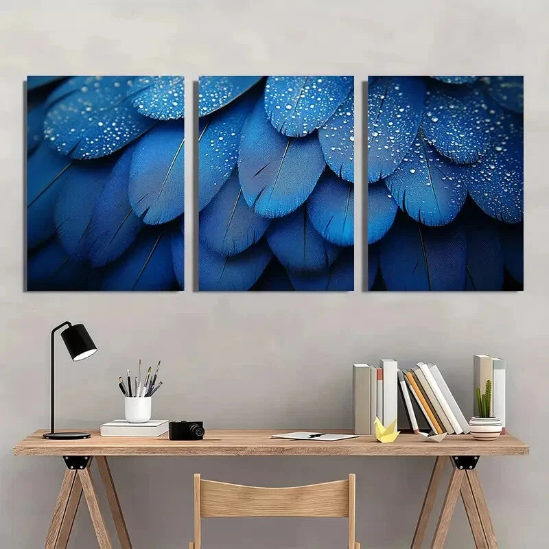 3pcs Elegant Blue and Silver Feather Metal Print Ready to Hang Art