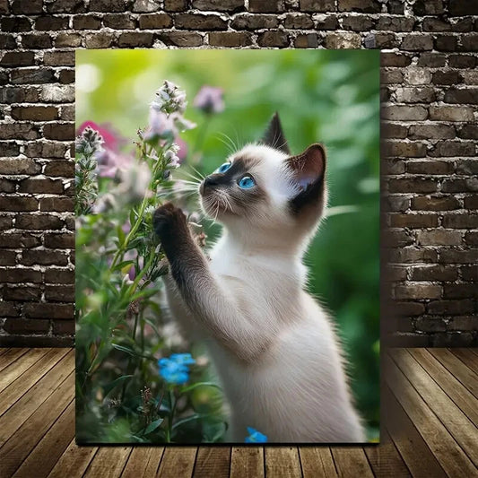 Cute Siamese Kitten Among Flowers And Plants Painting 40x60cm Metal Print Ready to Hang