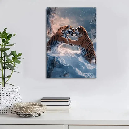 Dreamlike Tiger Wrestling Scene on Snowy Painting 40x60cm Metal Print Ready to Hang