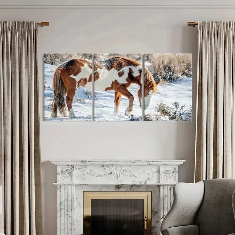 3pcs Snowy Landscape with Brown and White Horse Wall Art Set Canvas Framed 40x60cm - High Quality Print 100% Australian Made Wall Canvas Ready to Hang