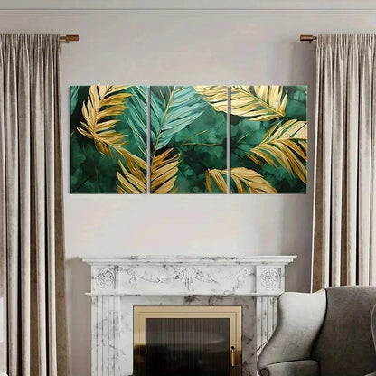 3pcs Green And Gold Art Tropical Palm Leaves Wall Art Set Canvas Framed 40x60cm - High Quality Print 100% Australian Made Wall Canvas Ready to Hang