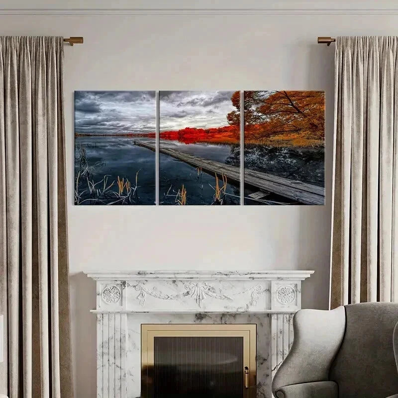 3pcs Natural Autumn Modern Pier Bridge Wall Art Set Canvas Framed 40x60cm - High Quality Print 100% Australian Made Wall Canvas Ready to Hang