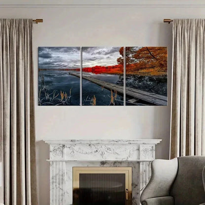 3pcs Natural Autumn Modern Pier Bridge Wall Art Set Canvas Framed 40x60cm - High Quality Print 100% Australian Made Wall Canvas Ready to Hang