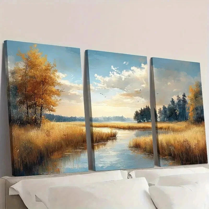 3pcs Sunlit Grasslands Trees & Reflections Wall Art Set Canvas Framed 40x60cm - High Quality Print 100% Australian Made Wall Canvas Ready to Hang