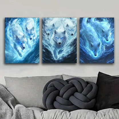 3pcs Stunning Blue Eyes White Wolves Running Metal Print Ready to Hang Art