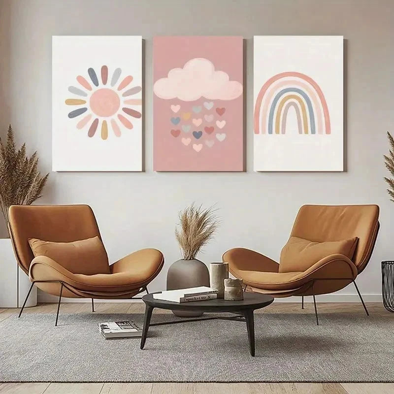 3pcs Sun Cloud Rainbow Painting Metal Print Ready to Hang Art