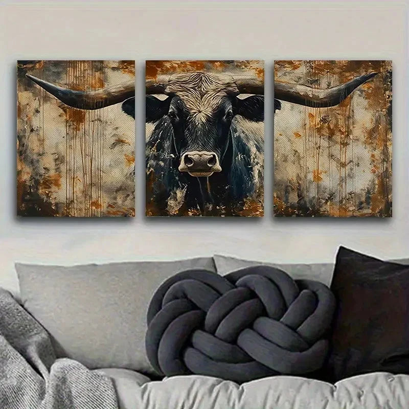 3pcs Textured Black Bull Painting Wall Art Set Canvas Framed 40x60cm - High Quality Print 100% Australian Made Wall Canvas Ready to Hang
