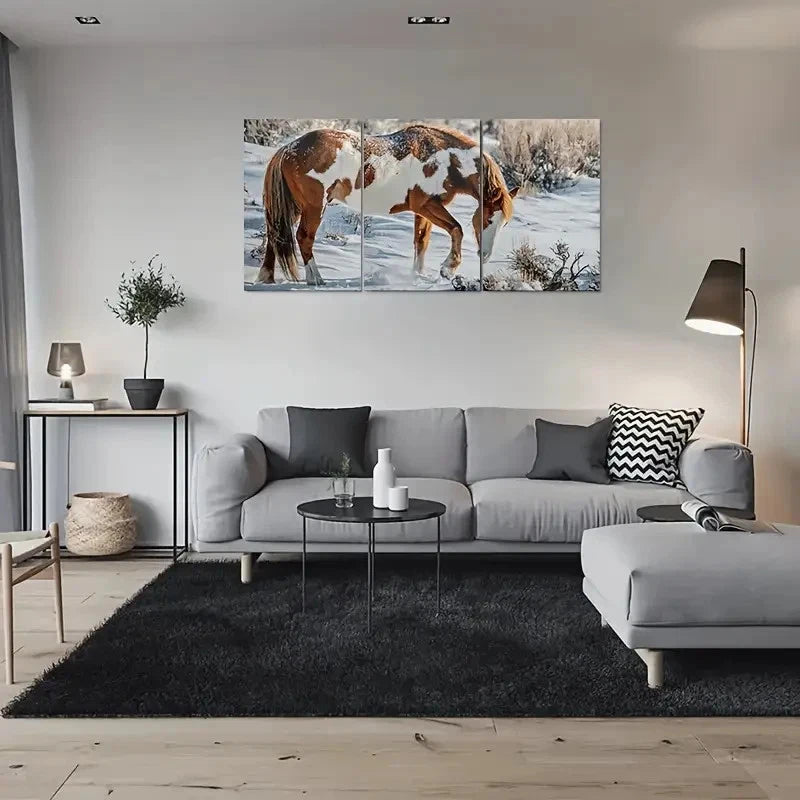 3pcs Snowy Winter Scene Horse Wall Art Set Canvas Framed 40x60cm - High Quality Print 100% Australian Made Wall Canvas Ready to Hang
