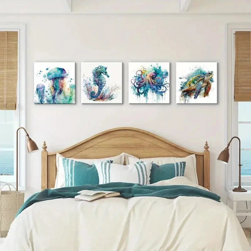 4pcs Ocean Bathroom  Wall Art Canvas Framed