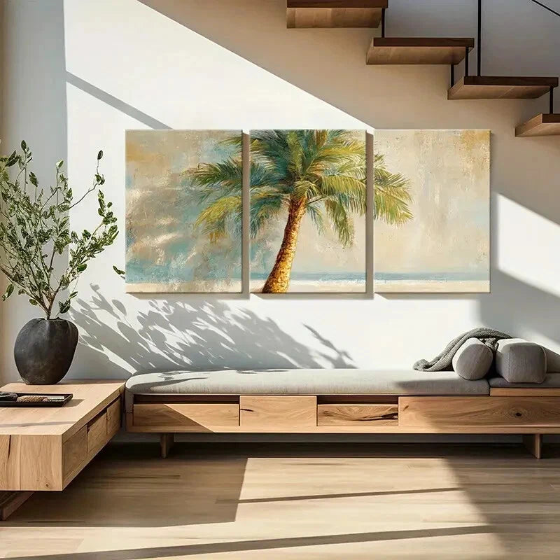 3pcs Tropical Palm Tree Vibrant Beach Scene Metal Print Ready to Hang Art