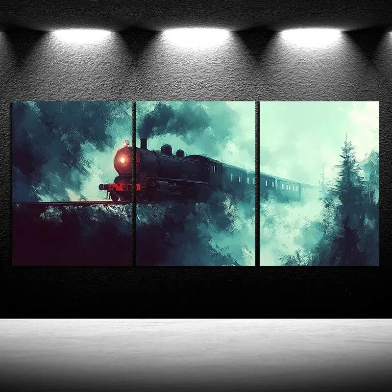 3pcs Freight Train Red Light Snowy Metal Print Ready to Hang Art