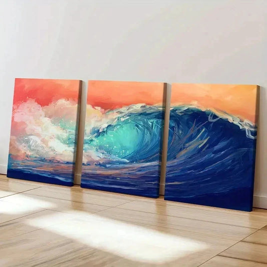 3pcs Ocean Waves Watercolor Aesthetic Wall Art Set Canvas Framed 40x60cm - High Quality Print 100% Australian Made Wall Canvas Ready to Hang