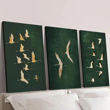 3pcs Cranes in Emerald Green Backdrop Wall Art Set Canvas Framed 40x60cm - High Quality Print 100% Australian Made Wall Canvas Ready to Hang