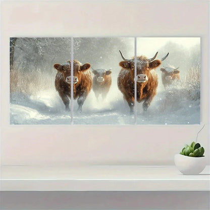 3pcs Scottish Highland Cattle Winter Scene Wall Art Set Canvas Framed 40x60cm - High Quality Print 100% Australian Made Wall Canvas Ready to Hang