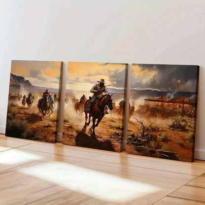 3pcs Landscape with Cowboy on Horseback Wall Art Set Canvas Framed 40x60cm - High Quality Print 100% Australian Made Wall Canvas Ready to Hang