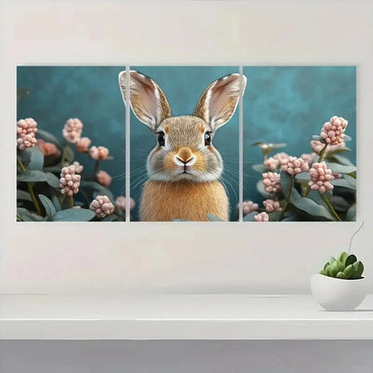 3pcs Boho Rabbit Pink Flowers & Green Leaves F Wall Art Set Canvas Framed 50x70cm - High Quality Print 100% Australian Made Wall Canvas Ready to Hang