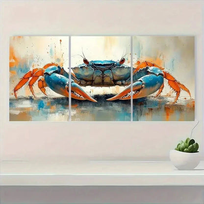 3pcs Vibrant Blue & Orange Crab Metal Print Ready to Hang Art