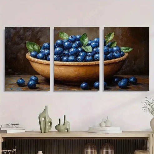 3pcs Blueberry Wooden Bowl Vibrant Perfect Wall Art Canvas Unframed - High Quality Print 100% Australian Made Wall Canvas