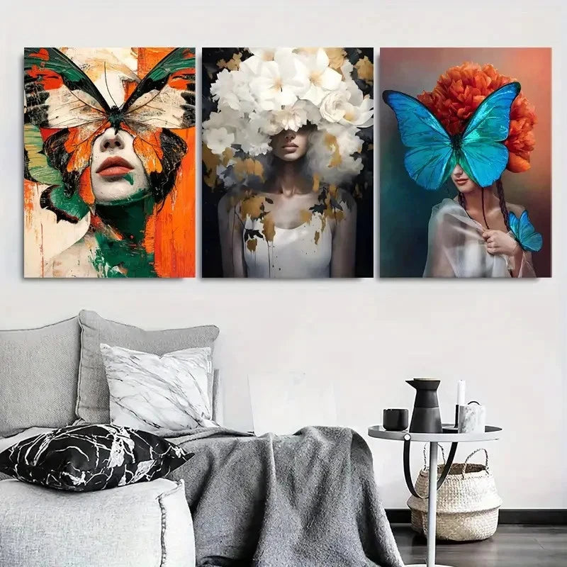 3pcs Vibrant Butterfly Lady Abstract Floral Wall Art Set Canvas Framed 40x60cm - High Quality Print 100% Australian Made Wall Canvas Ready to Hang
