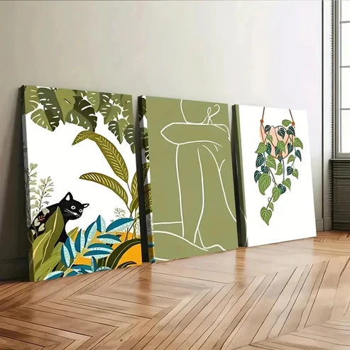 3pcs Abstract Classic Modern Botanical Black Cat Wall Art Canvas Unframed - High Quality Print 100% Australian Made Wall Canvas