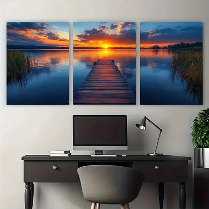 3pcs Serene Lakeside Jetty At Sunset Perfect Wall Art Set Canvas Framed 40x60cm - High Quality Print 100% Australian Made Wall Canvas Ready to Hang