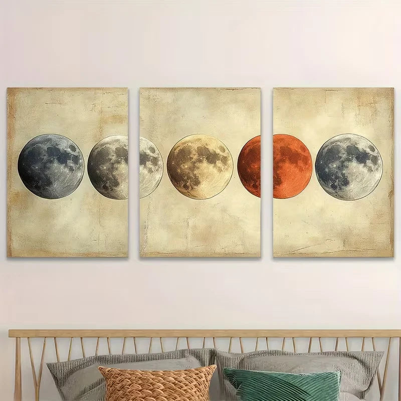 3pcs Beige Moon Phases Metal Print Ready to Hang Art