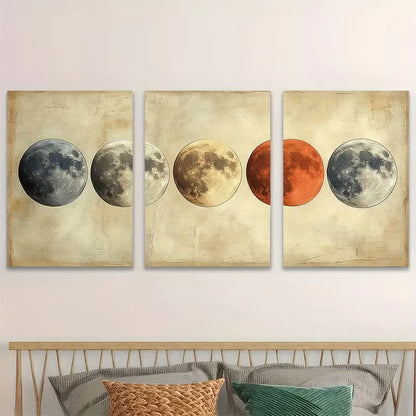 3pcs Beige Moon Phases Metal Print Ready to Hang Art