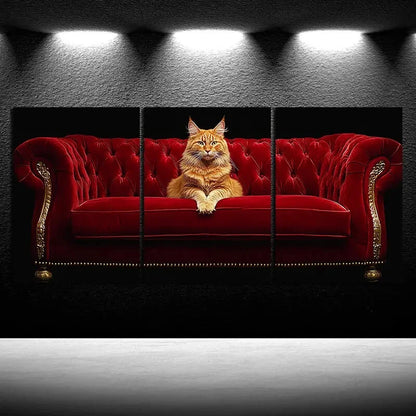3pcs The Cute Cat on the Red Sofa Metal Print Ready to Hang Art