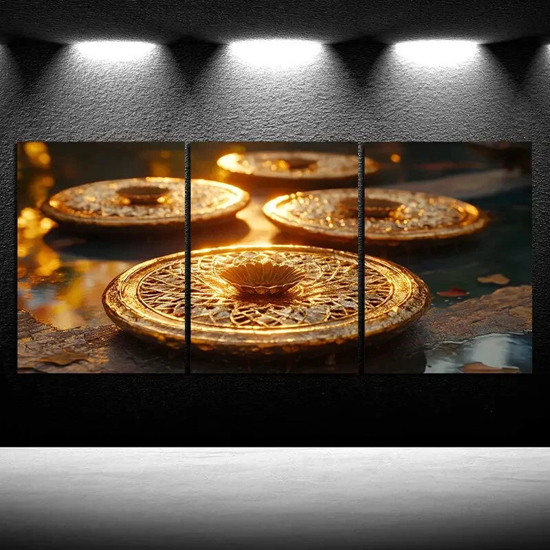 3pcs Fallen Leaves And Lotus Pods Golden Metal Print Ready to Hang Art
