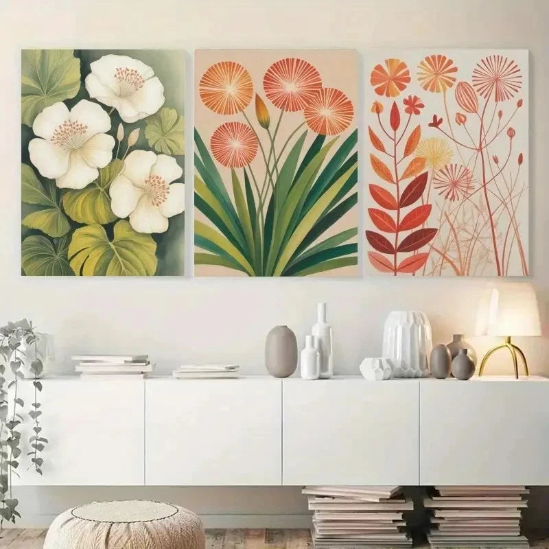 3pcs White Flowers Orange Flowers Green Leaves Metal Print Ready to Hang Art