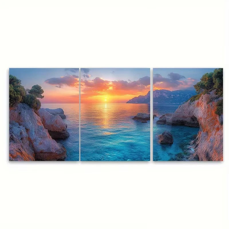 3pcs Spring Sunrise Over Milazzo Cape Wall Art Set Canvas Framed 50x70cm - High Quality Print 100% Australian Made Wall Canvas Ready to Hang