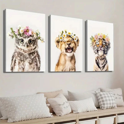 3pcs Adorable Animal Floral Crowns Perfect Wall Art Set Canvas Framed 40x60cm - High Quality Print 100% Australian Made Wall Canvas Ready to Hang